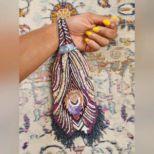 Jamin Puec, Womens Vintage Beaded Ornate Peacock Design Wristlet Purse Fringe